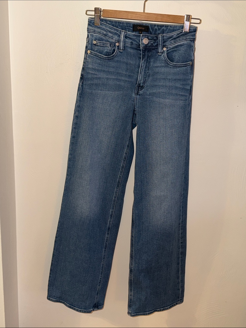 Quince Bella stretch Wide-Leg High-Rise Jeans in Medium Blue 32” seseaside blue